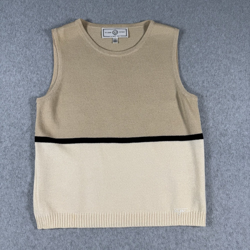 VTG St John Sport Marie Gray Beige Black Stripe Knit Tank USA Made Womens Size P